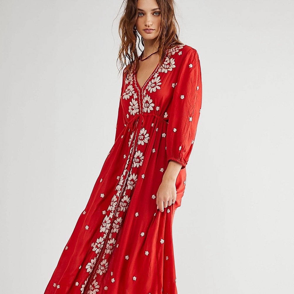 Free People Embroidered Fable Midi Dress Red M